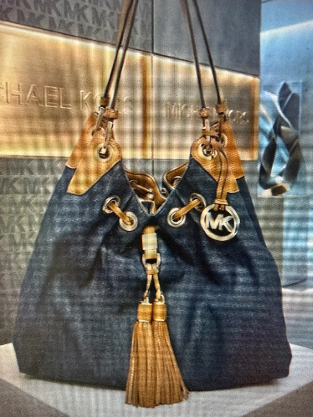 Michael Kors Marina Denim & Leather Drawstring Tote Tassel Bag